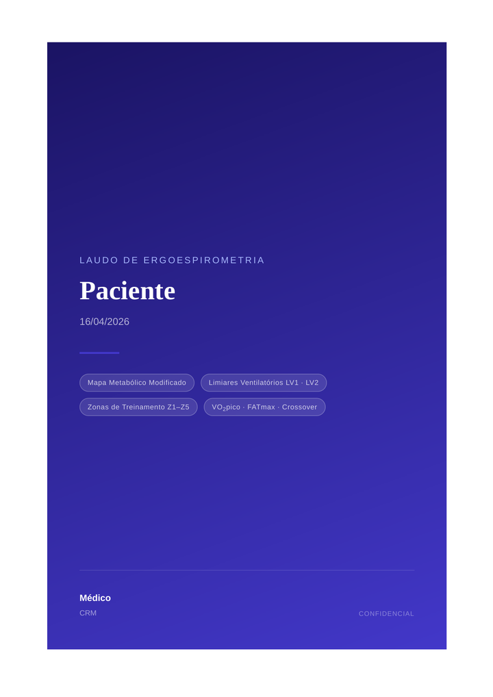 Capa do Passaporte Metabólico — laudo de Ergoespirometria em tonalidade azul-violeta com zonas de treino LV1, LV2, Z1 a Z5.